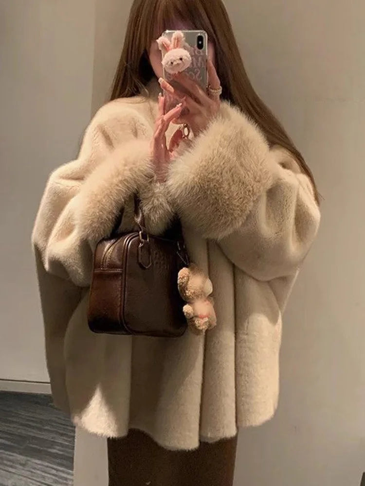 Autumn Winter Fashion Chic Beige Faux Fur Jackets