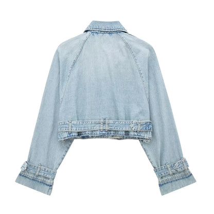 Long Sleeve Crop Top Belted Design Women Spring Denim Jackets