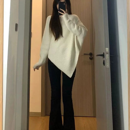 2025 Women S Turtleneck Sweater New Autumn Winter Side Slit Pullover Top Korean Fashion Knit Sweater With Long Flare Sleeves
