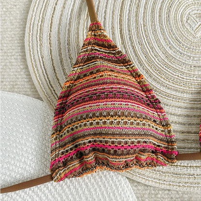 Boho Multi-Color Striped Crochet Bikini and Shorts Set Aesthetic