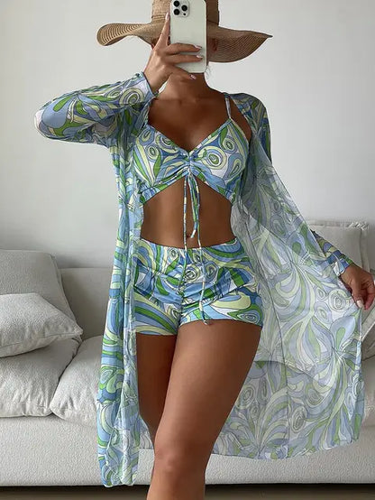 Elegant Art Print 3 Pieces Sexy Bikini Set Cover Up