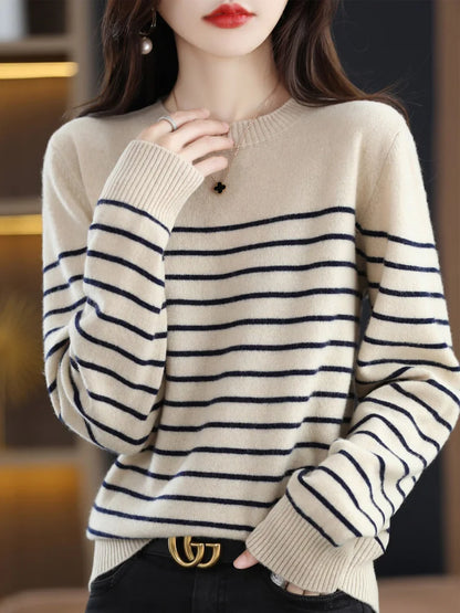 Loose Style Bold Striped O Neck Women Sweaters