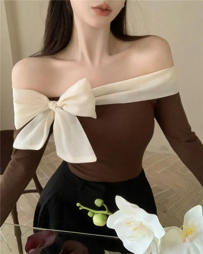 Off-Shoulder Bow T-Shirt for Women – Sexy Exposed Clavicle Crop Top, Elegant Korean Long Sleeve Spring & Autumn Shirt