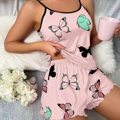 Womens Bow Print Pajama Set Sleeveless Crop Top Shorts