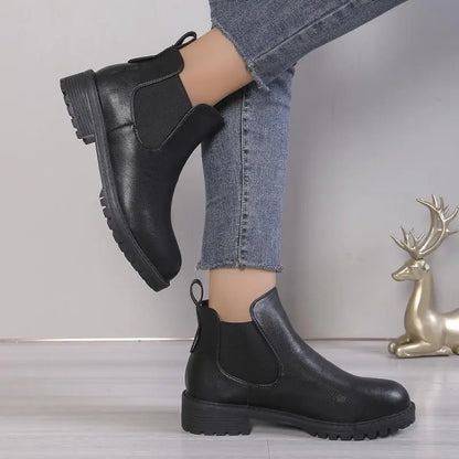 Women Cow Leather Round Toe Thick Sole Ankle Chelsea Boots