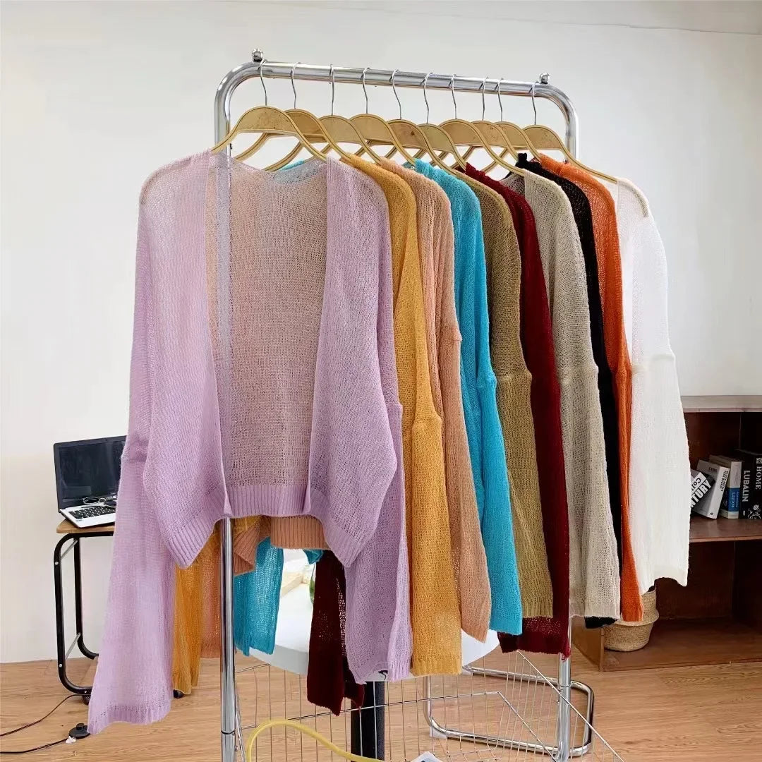 Korean Cropped Knit Cardigan – Hollow Summer Sweater for Women