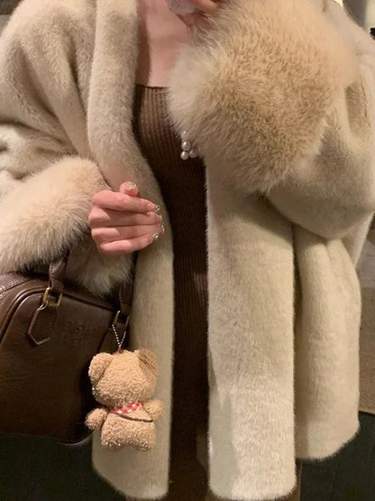 Autumn Winter Fashion Chic Beige Faux Fur Jackets