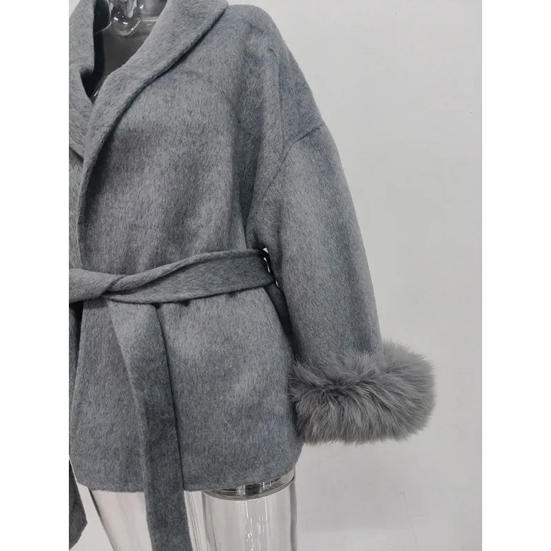 Elegant Wool Blend Coat for Women – Fur Patchwork Long Office Overcoat 2025 Fashion