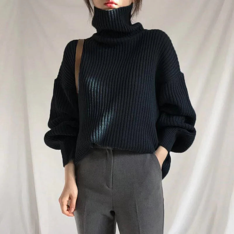 Autumn Winter Elegant Contrast Turtleneck Sweater Womens Loose Fit Long Sleeve Knitted Pullover Top