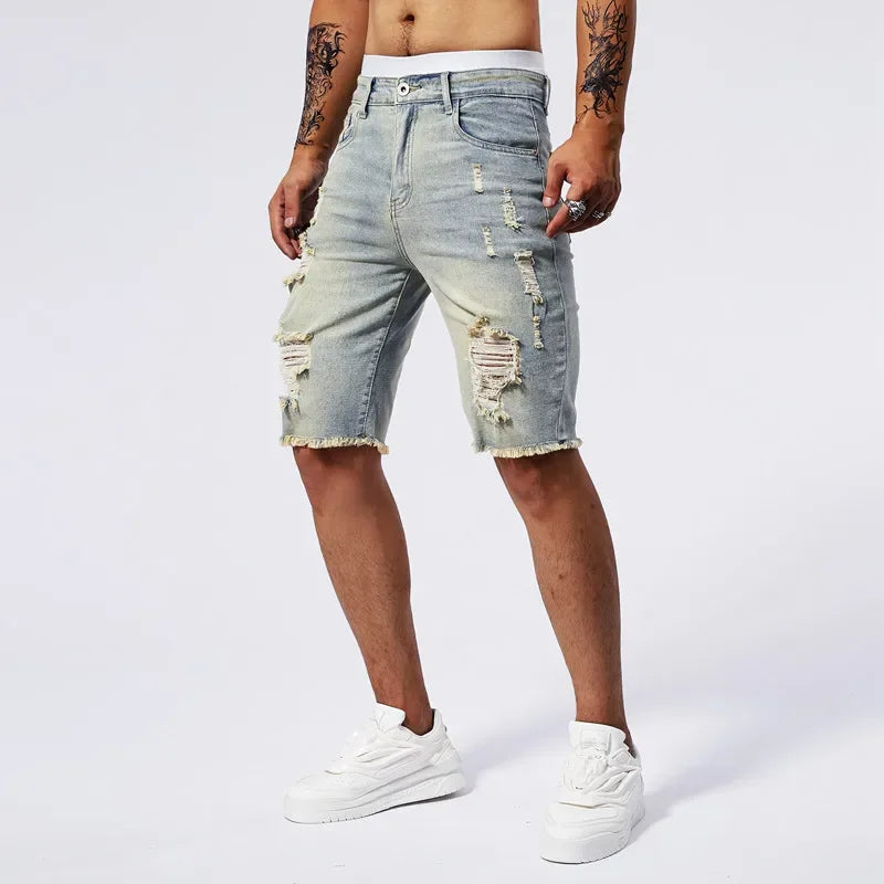 Men Stretch Light Blue Ripped Denim Shorts