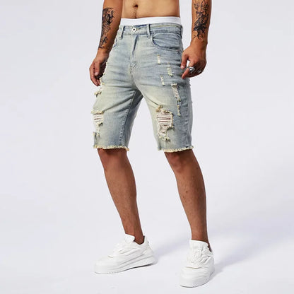 Men Stretch Light Blue Ripped Denim Shorts