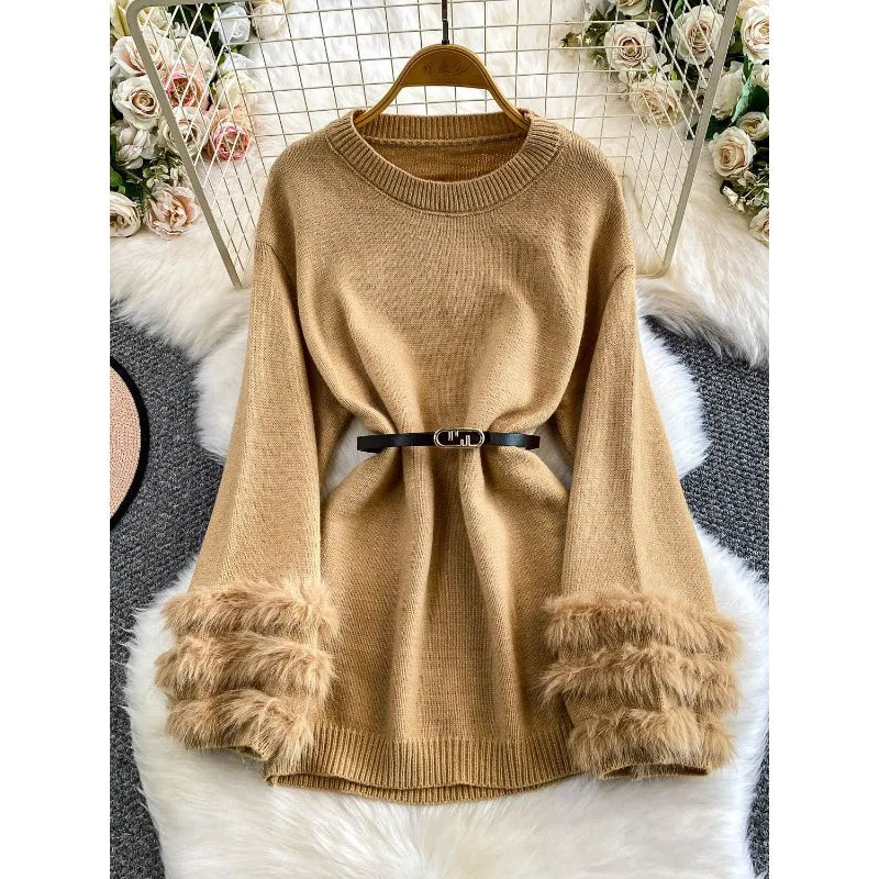 Women Chic Fluffy Fur Sleeve Sweaters
