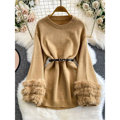 Women Chic Fluffy Fur Sleeve Sweaters
