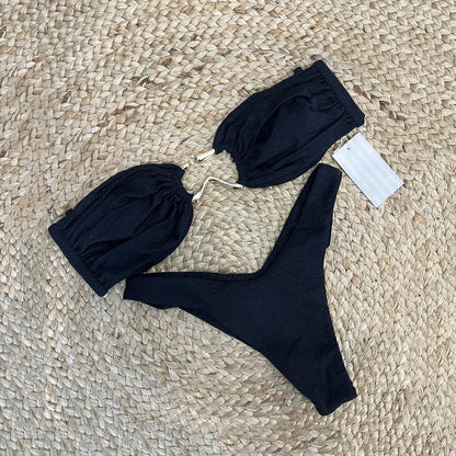 Basic Style Push Up Ribbed Women Strapless Bikini