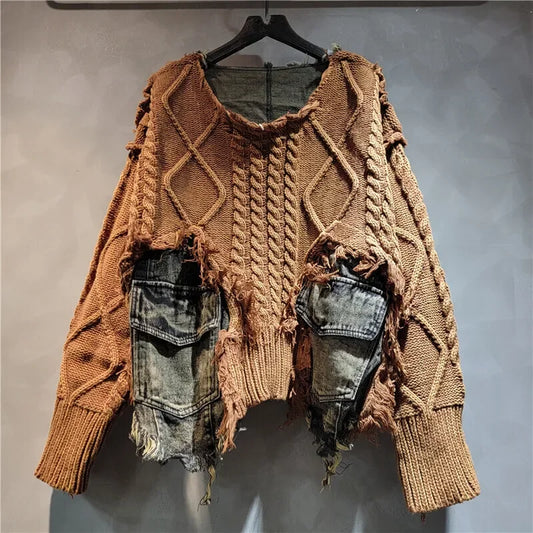 Womens Knitted Denim Patchwork Pullover Loose Casual Heart Sweater Vintage Streetwear Cozy Spring Autumn Fashion