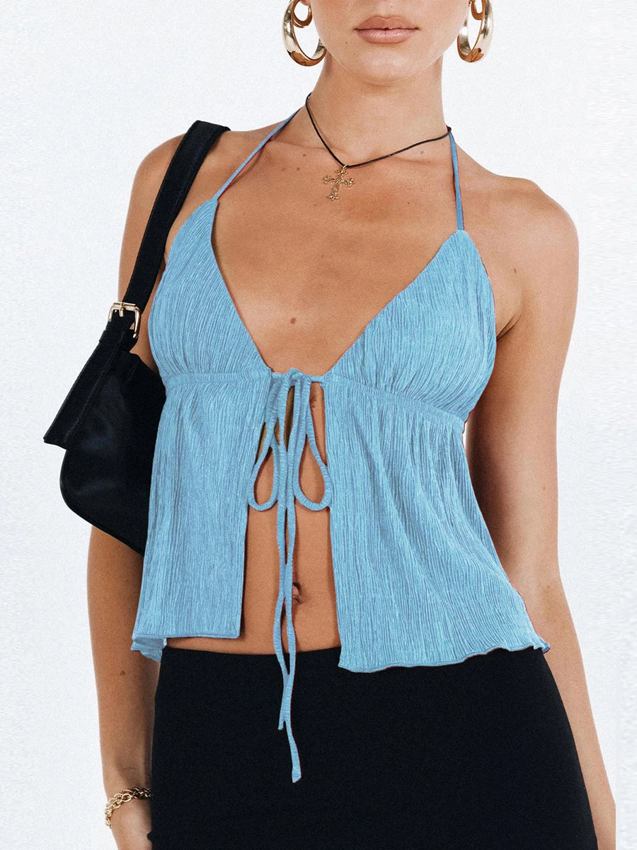 Y2k Tie Up Square Neck Sleeveless Crop Top Lace Trim Milkmaid Shirt Cute Coquette Summer Fashion