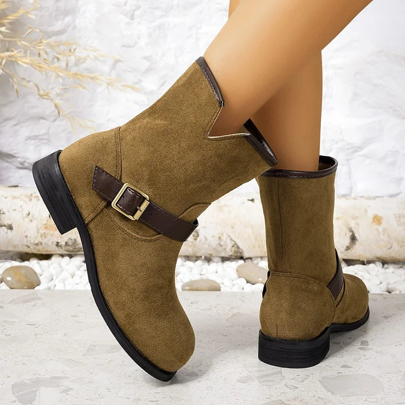 Designer British Style Square Low Heel Faux Suede Boots For Women
