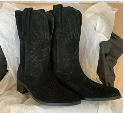 Handmade Leather Womens Boots With Natural Embroidery Pointed Toe Spike Heel Western Retro Style For Autumn Winter 2025