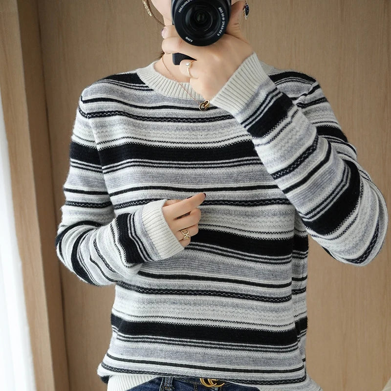 2024 Autumn Winter Womens Striped O Neck Sweater O Neck Long Sleeves Oversized Fit