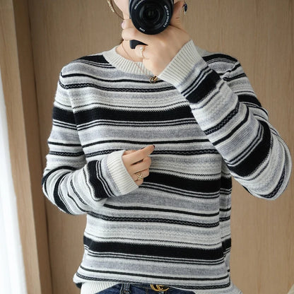 2024 Autumn Winter Womens Striped O Neck Sweater O Neck Long Sleeves Oversized Fit