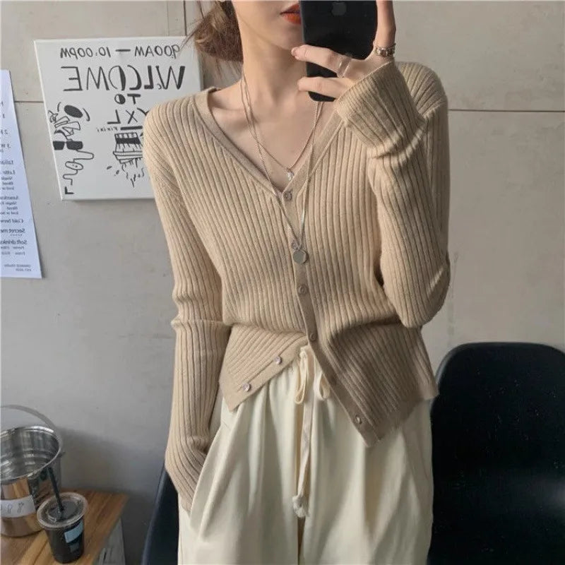 New Spring Autumn Solid Cardigan Sweater For Women V Neck Long Sleeve Single Breasted Short Coat Knit Clothing