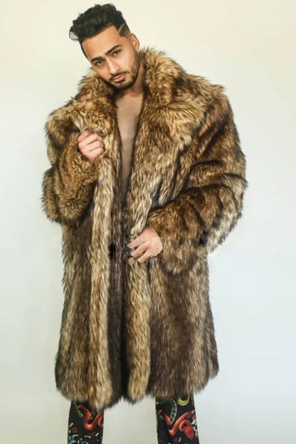 Person wearing a fur coat against a plain background