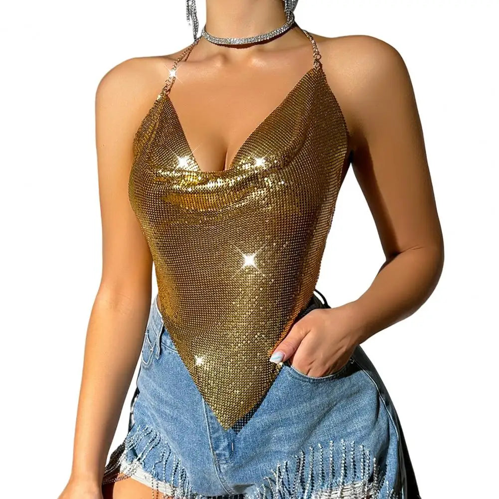 Chic Backless Metal Chain Halter Neck Crop Top