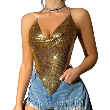 Chic Backless Metal Chain Halter Neck Crop Top