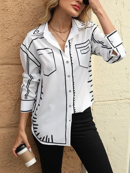 Summer Casual Off Shoulder Sleeveless Abstract Printed Womens Blouse Slim Fit Turn Down Collar Single Breasted Femme Top