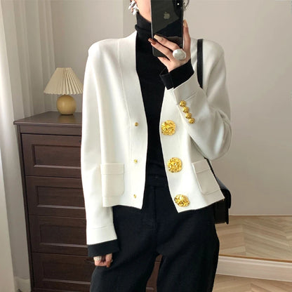 Flap Pocket Big Button V Neck Cardigan