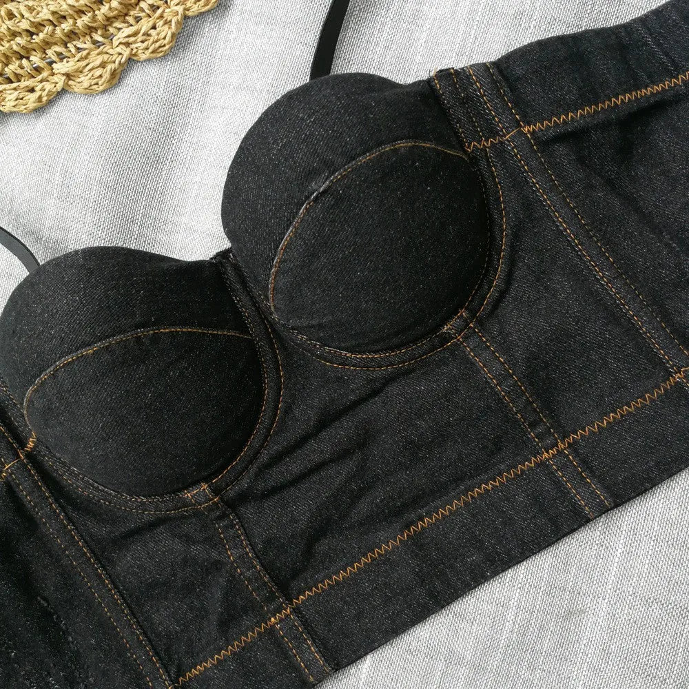 Chic Silhouette: Backless Denim Corset Bustier Top