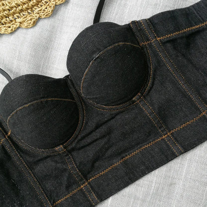 Chic Silhouette: Backless Denim Corset Bustier Top