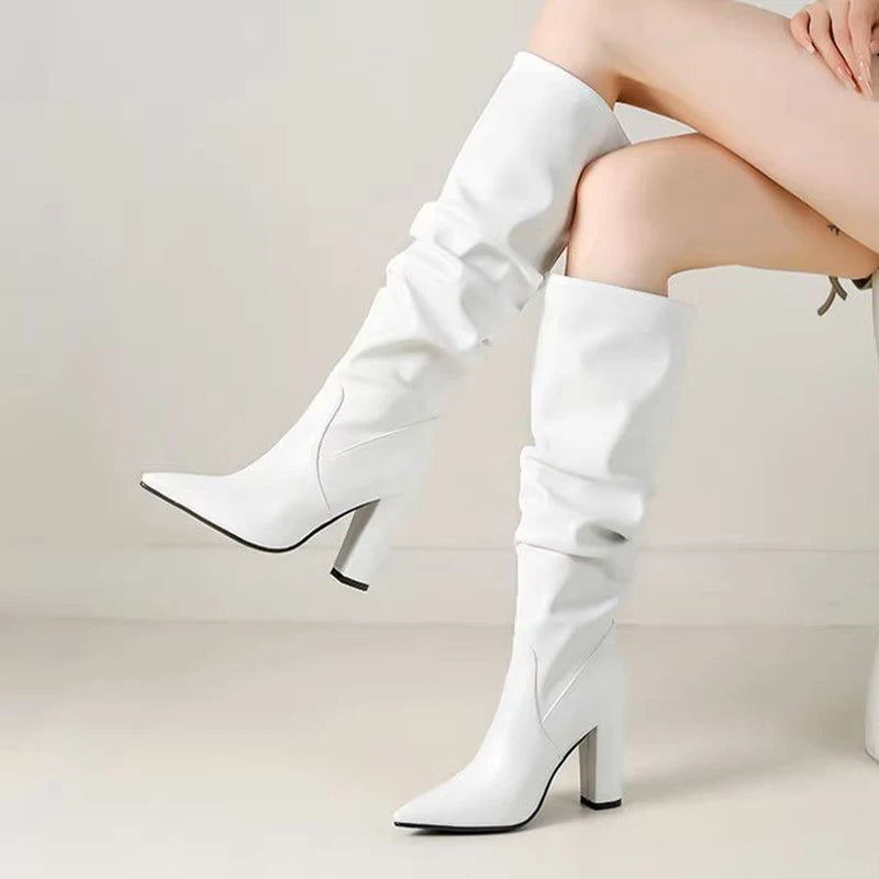 New Fashion Women Winter Knee Boots Chunky Heels Pointed Toe Pretty Green Party Shoes