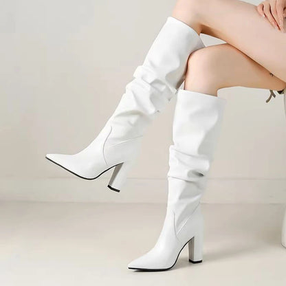 New Fashion Women Winter Knee Boots Chunky Heels Pointed Toe Pretty Green Party Shoes
