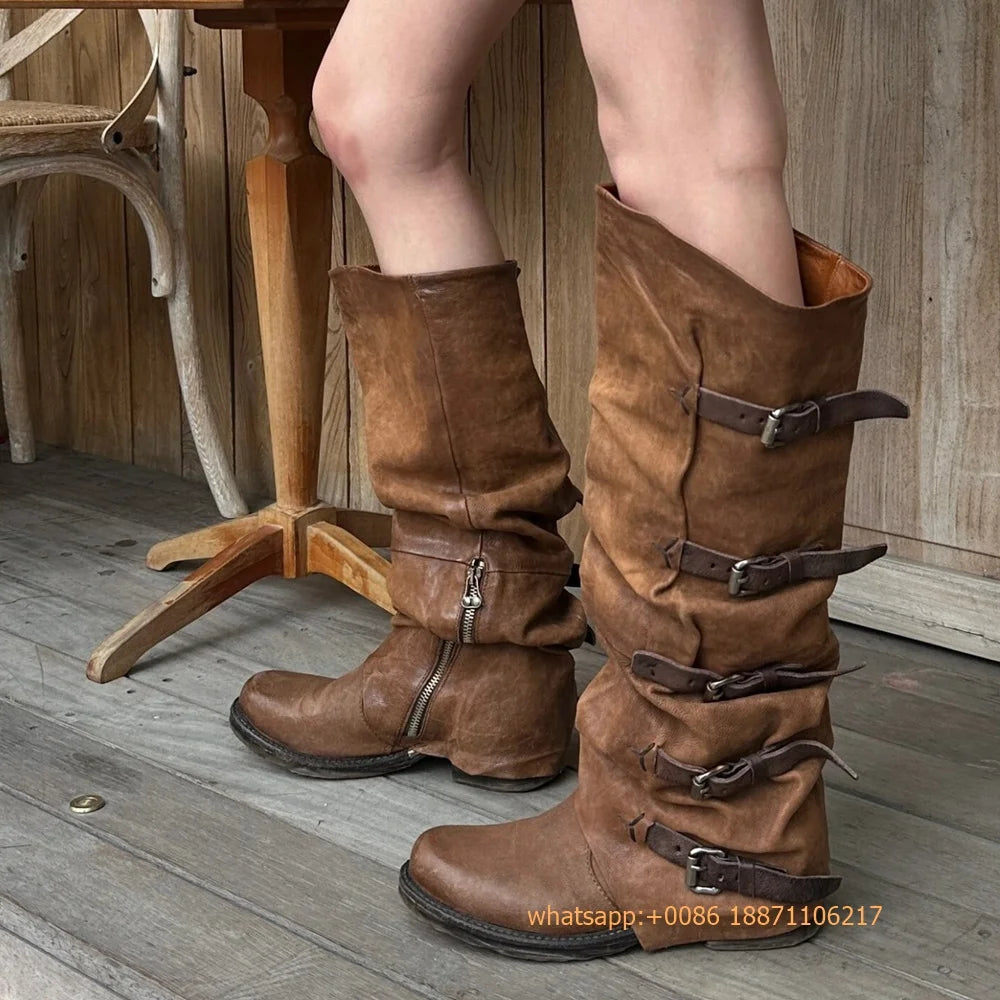 Womens Large Mid Length Retro Boots Buckle Casual Knight Boots For Autumn Winter 2025