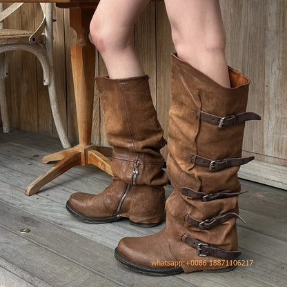 Womens Large Mid Length Retro Boots Buckle Casual Knight Boots For Autumn Winter 2025