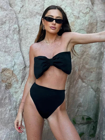 Minimalist Luxury Black Bow Bikini Set for Effortless Coastal Aesthetic