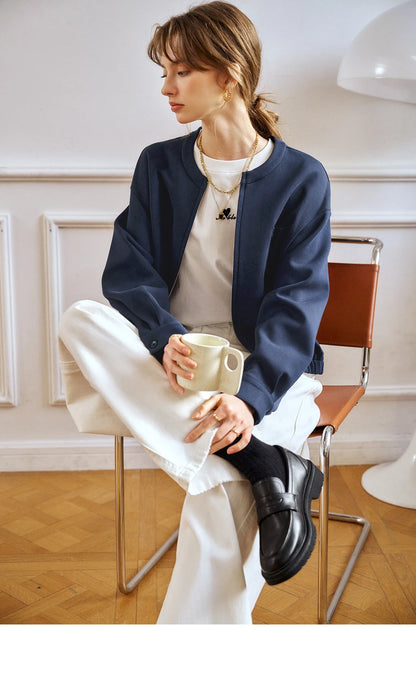 Navy Blue Cotton Blend Air Layer Casual Jacket Outerwear for Woman