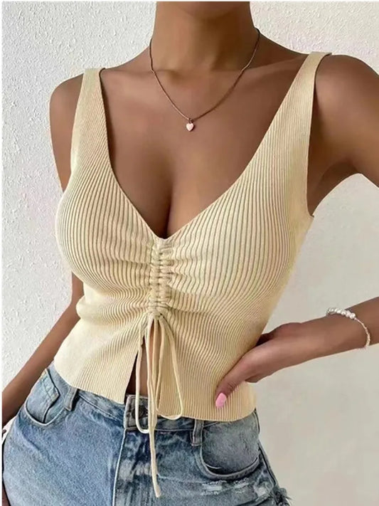 Tie Front Tank Tops Drawstring Ruched Ribbed Knit Sleeveless Crop Tops For Women 2025 Summer Fashion