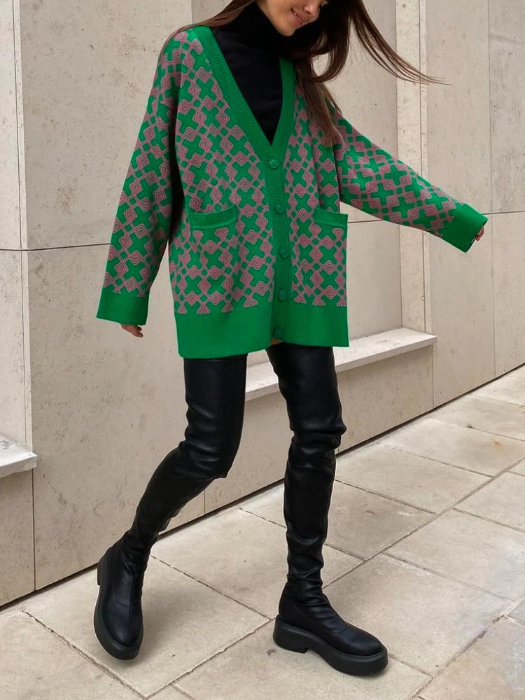 Geometric Jacquard V-Neck Knit Cardigan – Oversized 2025 Autumn/Winter
