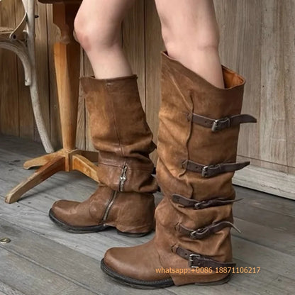 Womens Large Mid Length Retro Boots Buckle Casual Knight Boots For Autumn Winter 2025