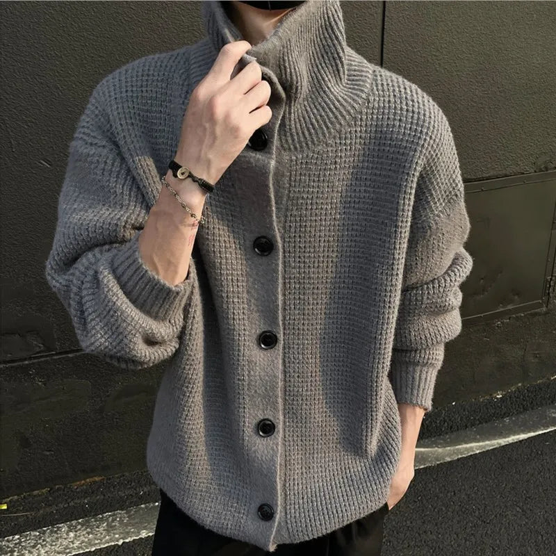 Stand Collar Double Breasted Mens Knitted Cardigan Sweaters
