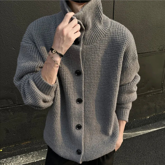 Stand Collar Double Breasted Mens Knitted Cardigan Sweaters