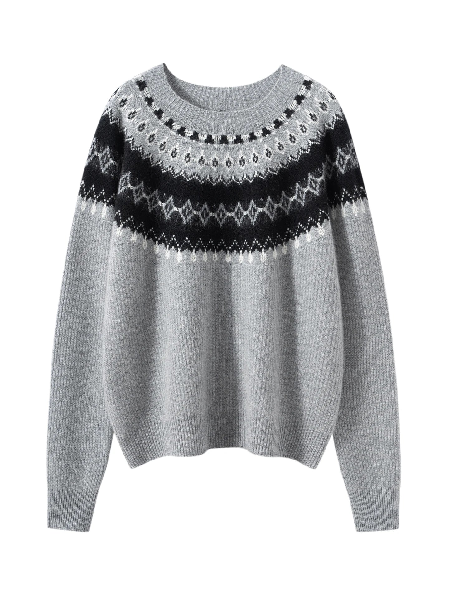 Winter Aesthetic: Grey Fair Isle Crewneck Knit Sweater