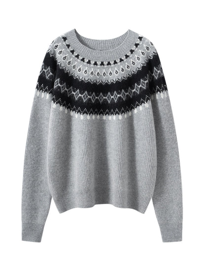 Winter Aesthetic: Grey Fair Isle Crewneck Knit Sweater
