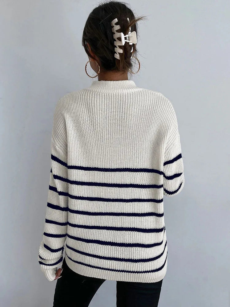 Womens Zipper V Neck Striped Pattern Autumn Winter Sweater
