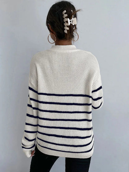 Womens Zipper V Neck Striped Pattern Autumn Winter Sweater