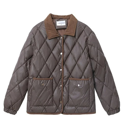 Quilted PU Leather Short Coat – Warm Rhombic Lattice Winter Jacket for Women