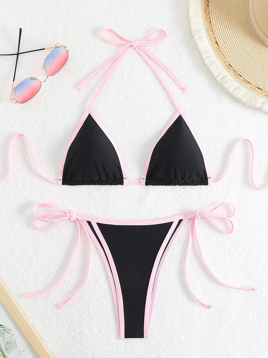 Sexy Patchwork Bikini Set For Women Bandeau Swimsuit 2025 Micro Thongs Beachwear