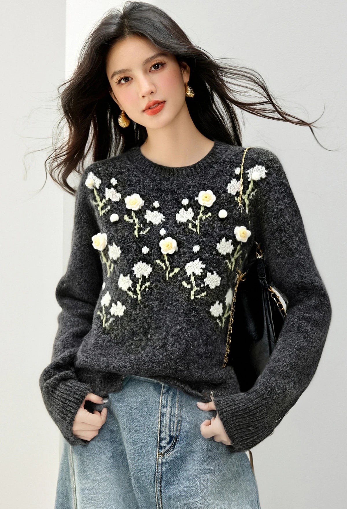 Womens Korean Style Daisy Flower Printed Knitted Winter Sweater